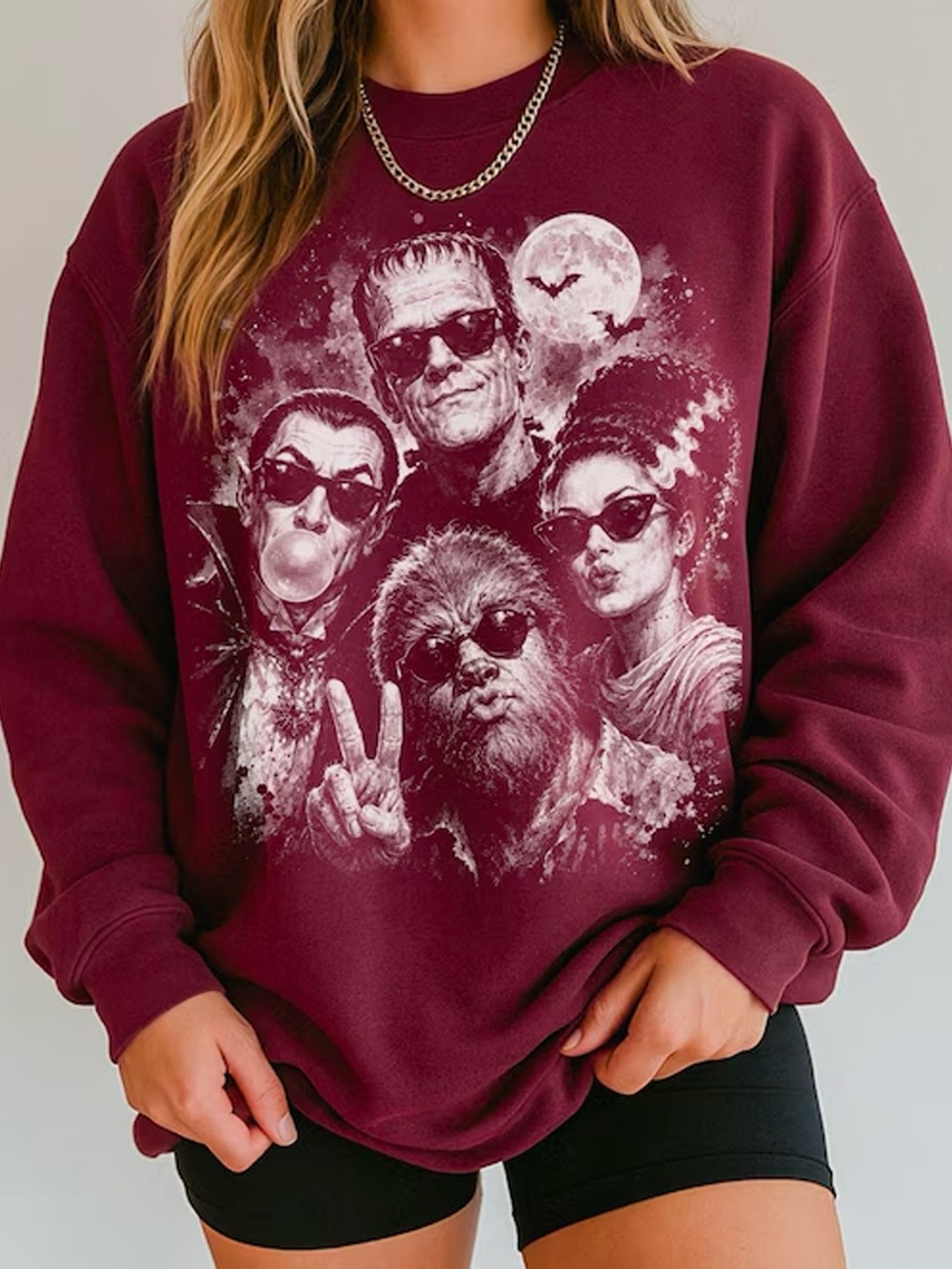 Cool Retro Monsters Sunglasses Burgundy Halloween Crewneck Sweatshirt - Picture 2 of 3